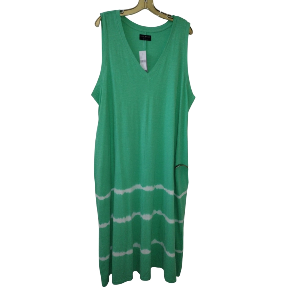 Lane Bryant Green White Sleeveless V Neck Tie-Dye Swing Dress Pockets 18/20 NWT